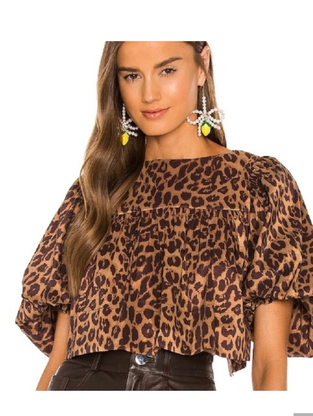 NWT LPA Abena Leopard Puff Sleeve Crop Top - Brown/Tan